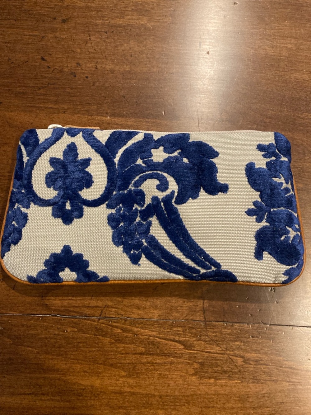 Glenda Gies Blue and taupe chenille Velvet-Patterned Wristlet Clutch NWOT